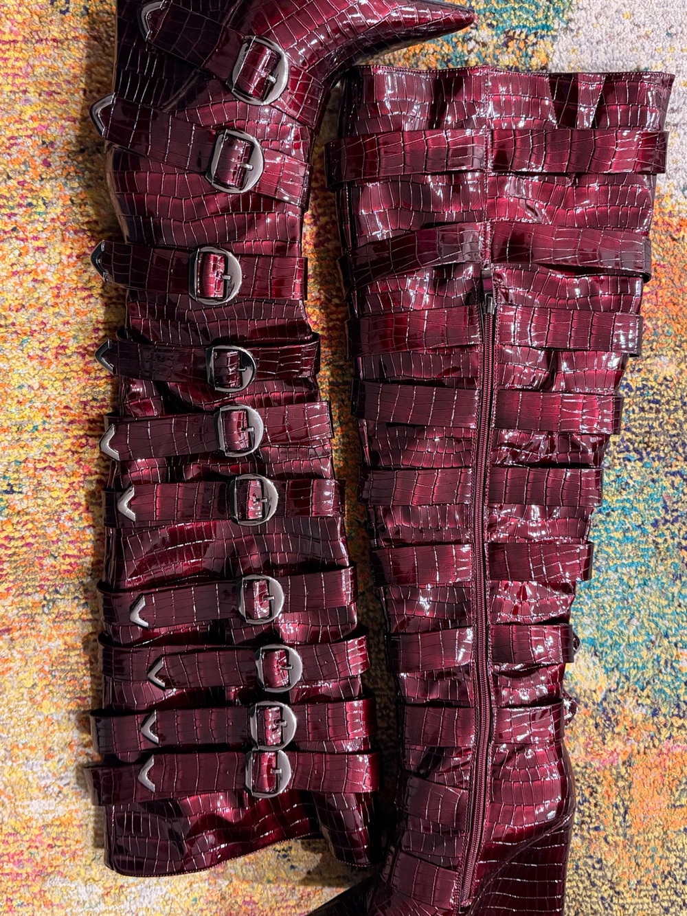 Burgundy Croc-Embossed Buckle Boots